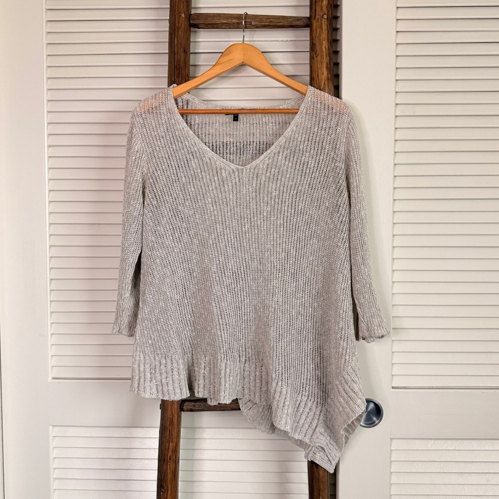 Eileen Fisher Sweater Womens XL Grey Good Linen Blend Asymmetrical V-Neck Knit